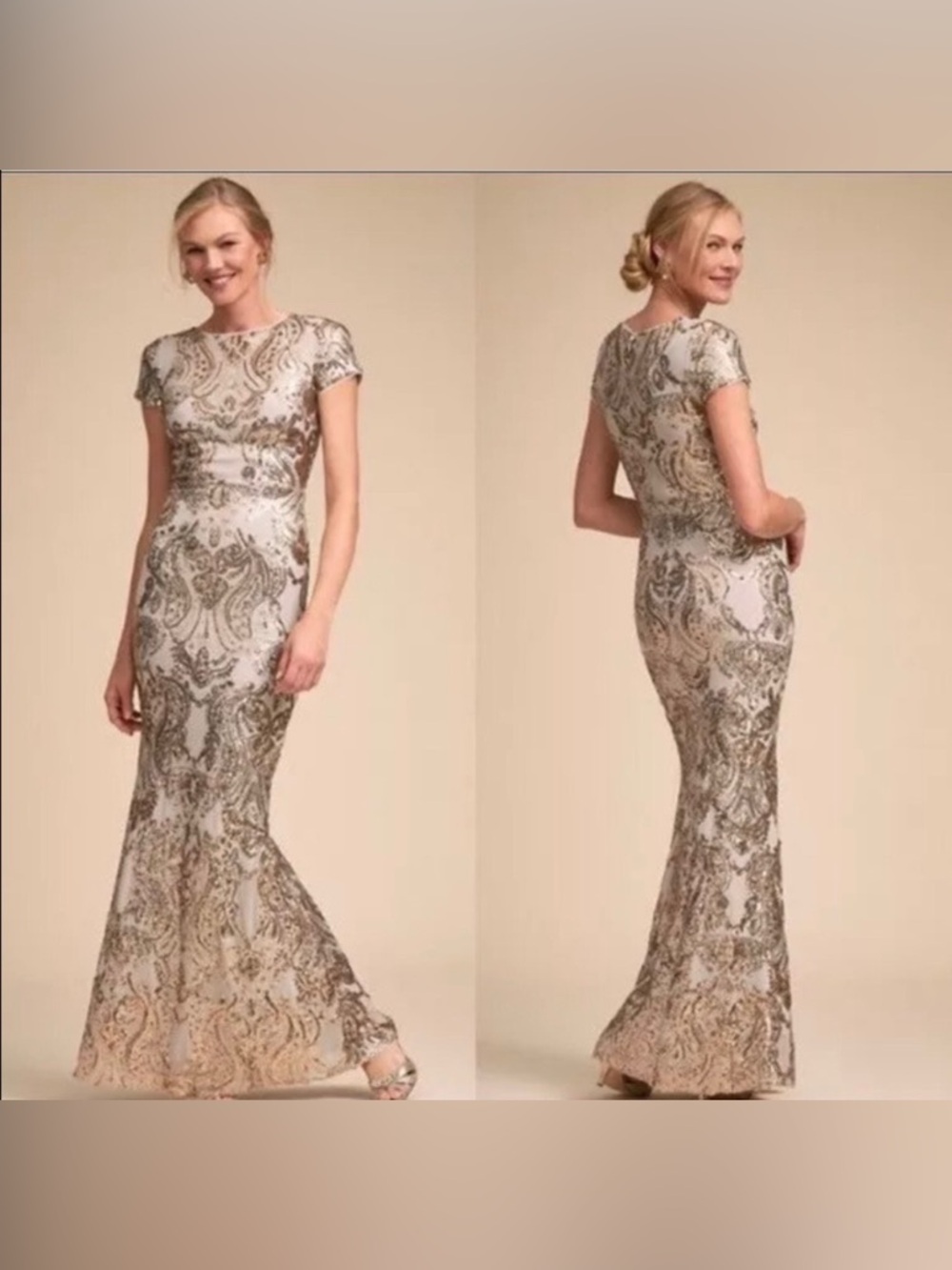BHLDN for Anthropologie Gold Silver Sequin Formal Evening Gown Size 4